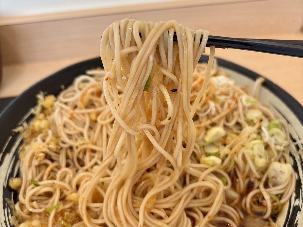 薬味とおつゆが絡んだ蕎麦を箸ですくい上げたアップ写真